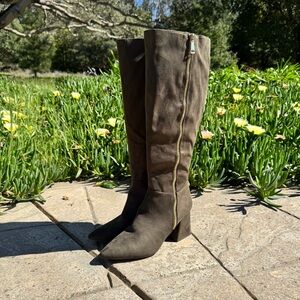 Elegant Olive Green Faux Suede Knee High Boots - Size 11 Wide Calf - Gold Detail